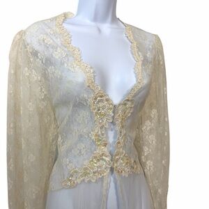 Vintage 1980s Bridal Lace Pearls Sequin Open Robe
